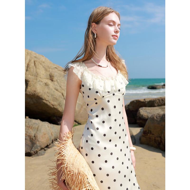 

2025 Summer Polka Dot A-Line Maxi Dress with Lace L