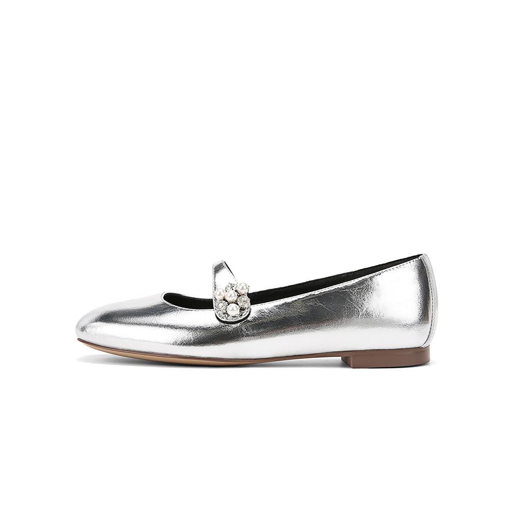 

Версия из овчины~ Яркая кожа с бриллиантовым цветочным узором и стразами, туфли с ремешком на плоской подошве, женские туфли Мэри Джейн 40 серебряный