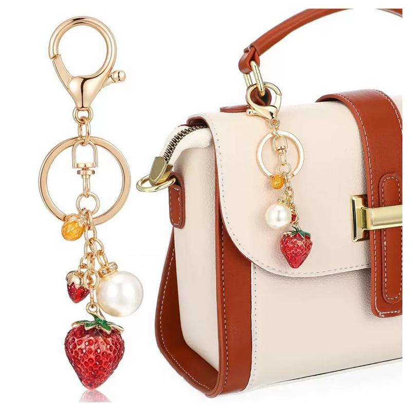 Red Strawberry Cute Crsytal Fruit Pendant Key Or Bag Charm For Women Car Key Chains DIY Ornament Bag Charm