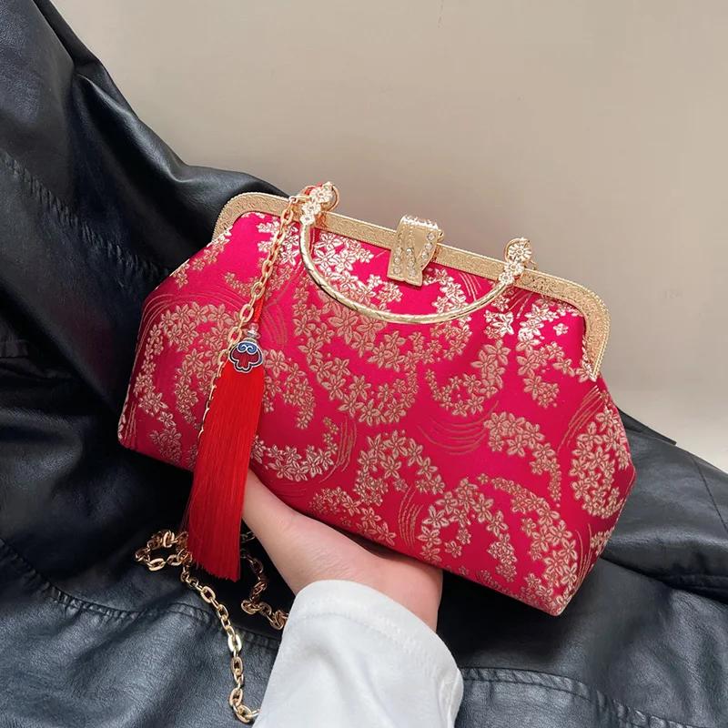 Luxury Evening  For Women  Designer  Lock  Shell Clip  Handmade  Tassel  Fabric Bags  Shoulder Chain Bags  Orange Messenger Bags