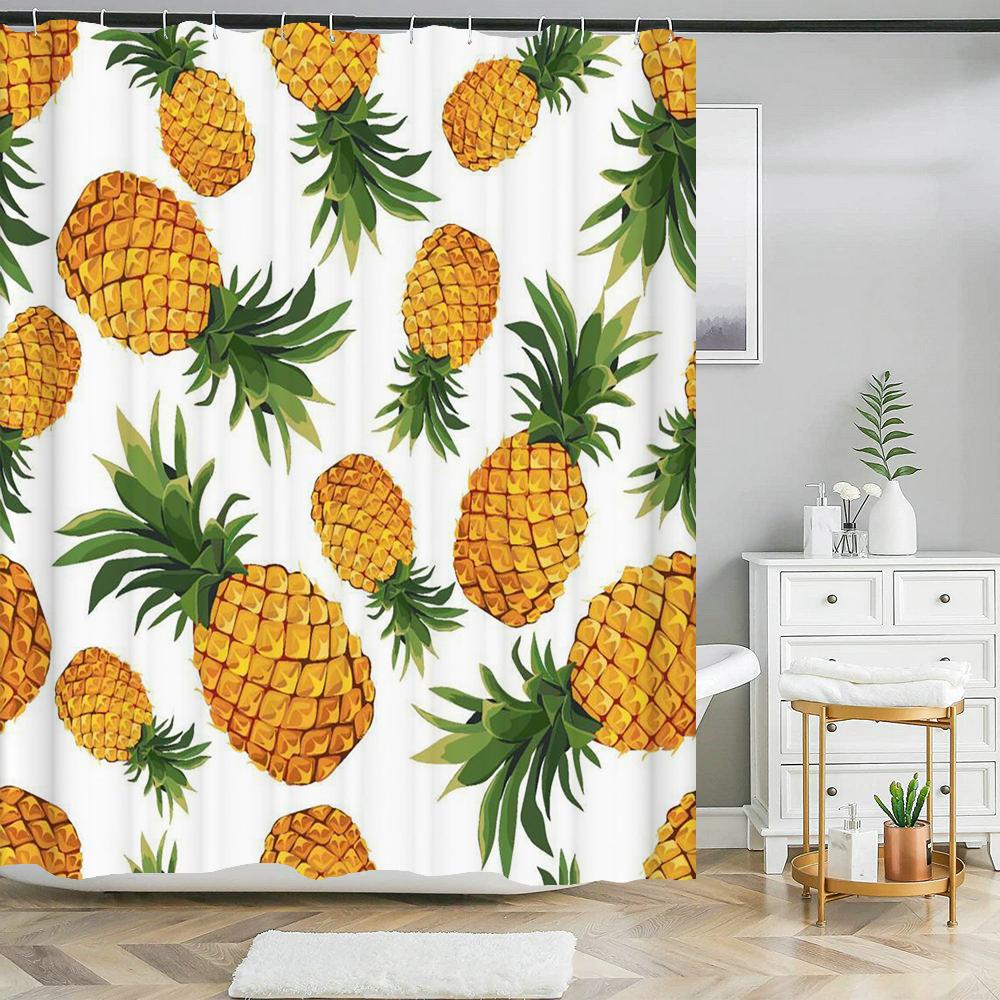Summer Fruits Shower Curtain Cute Liner Peach Lemon Pineapple Orange Print Bath Curtain With Hooks Waterproof For Bathtub Decor