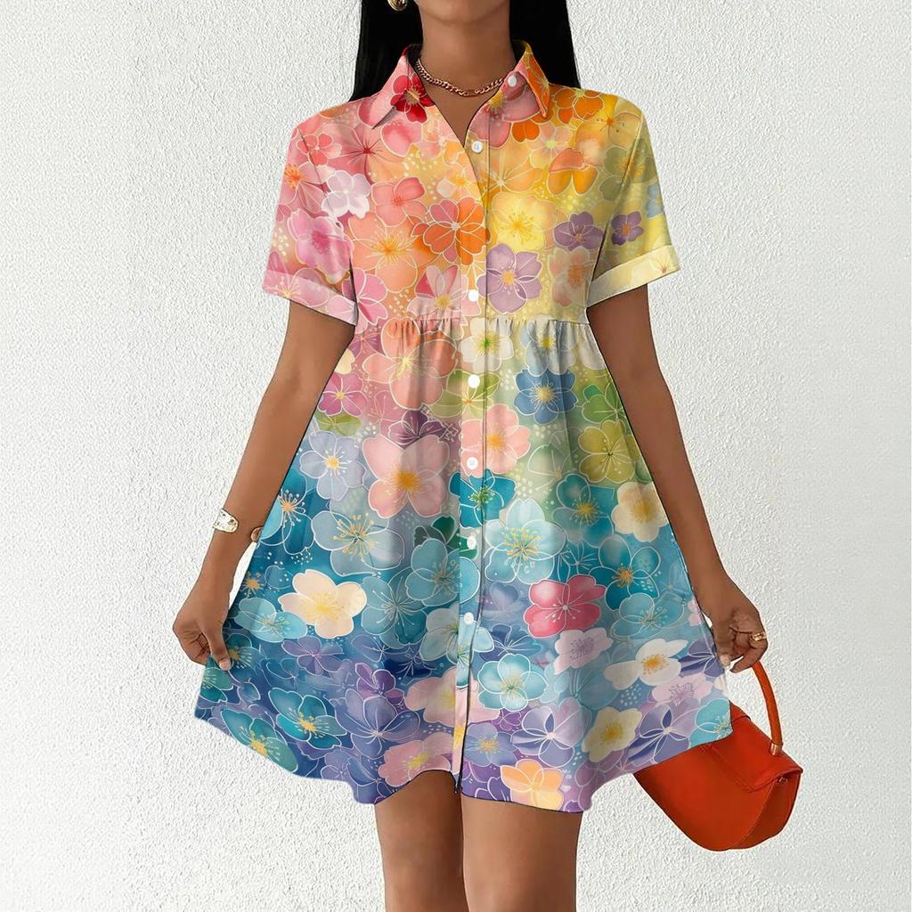 Women's Casual Loose Fit Shirt Dress Button Front Short Sleeve Turn Down Collar Dress with Printed Pattern Suitable for Daily Wear