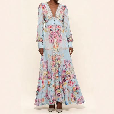 Rochie Casual Imprimată pentru Femei Sexy Decolteu în V Mânecă Lungă Superbă cu Flori Boemă Rochie de Plajă Vara Femei Rochie Maxi de Vacanță