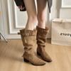 Big Tube Circumference Cow Velvet Long Tube Knight Boots 2025 Early Autumn Retro Thick Heel Pointed Belt Buckle Pleated Pile Boots Women