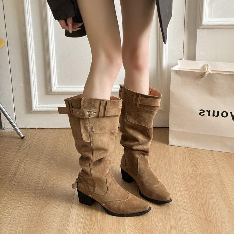 Big tube circumference cow velvet long tube knight boots 2025 early autumn retro thick heel pointed belt buckle pleated pile boots women