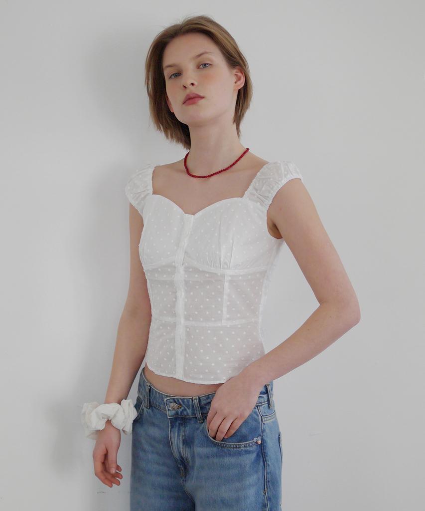 AFTERHOURS Heart Neck Dot Blouse (White)