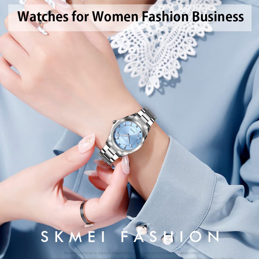 Watch Fashionable Silver Stainless Steel Waterproof Business Classic Arm Watch Ladies Analog Quartz Brand Casual Simple Watch Luxury Gift Blue Watch