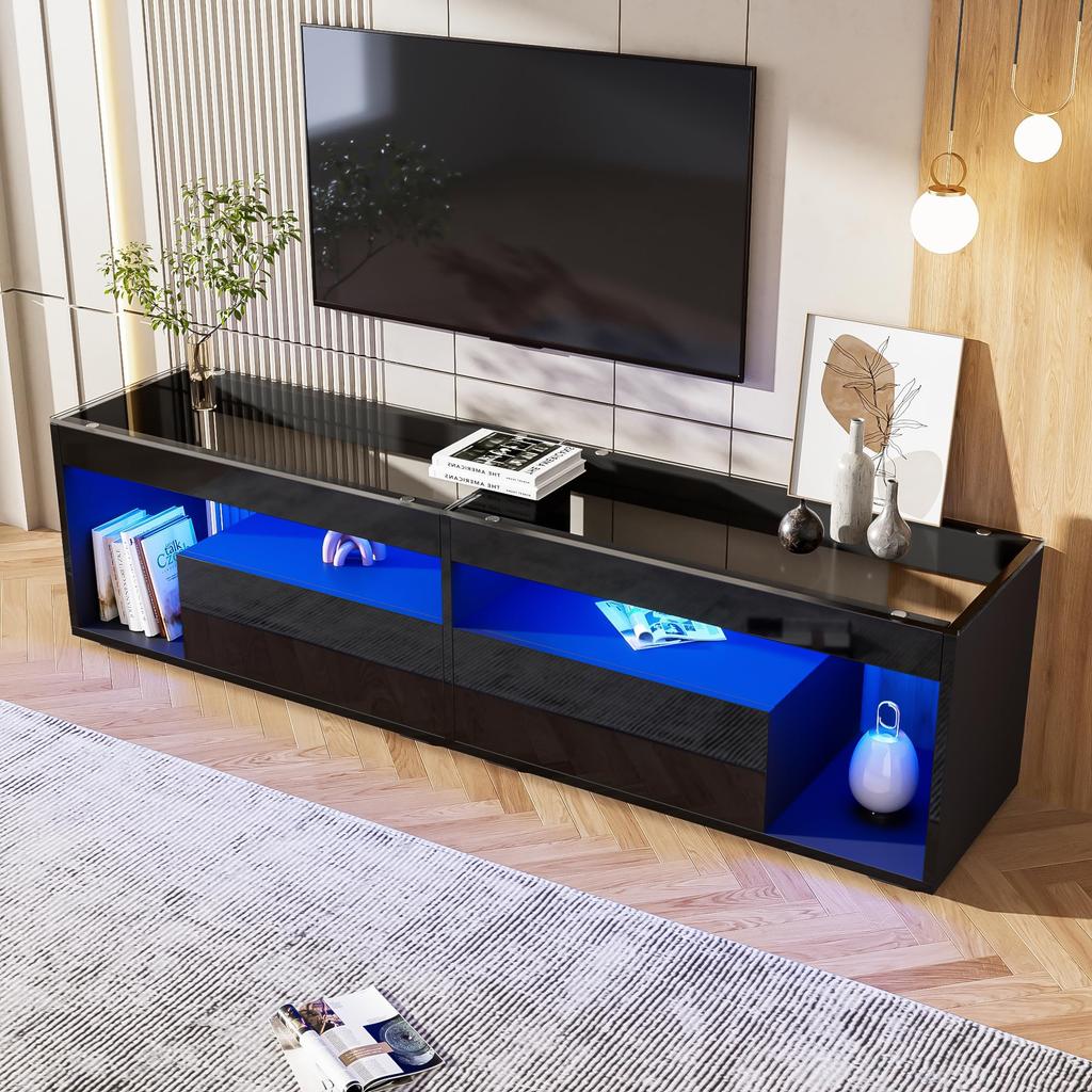 TV Schrank Stilvoll Fernsehschrank TV Lowboard Hochglanz Schwarz 70 Zoll Fernseher, TV Ständer 2 Schubladen, TV Möbel Wohnzimmer Schlafzimmer