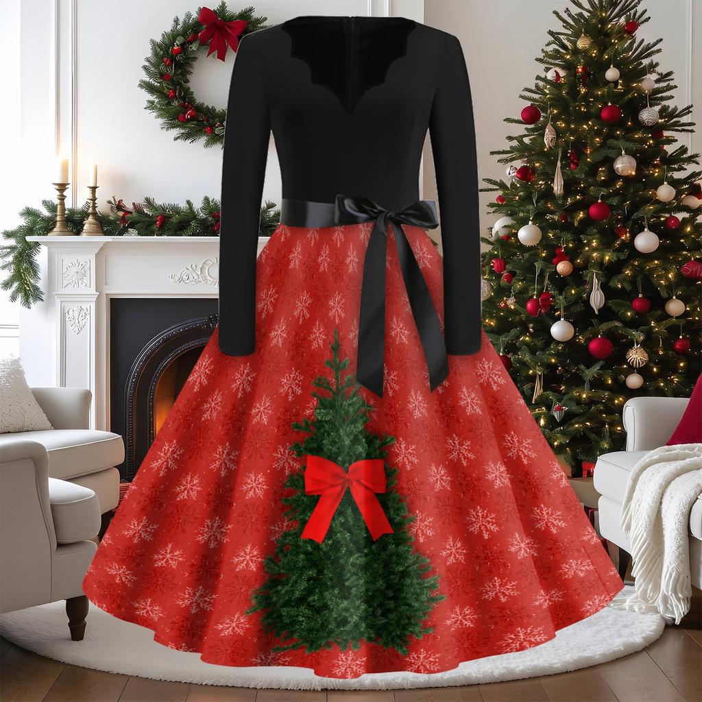 Women's Casual Vintage V-Neck Long Sleeve Dress with Christmas Print