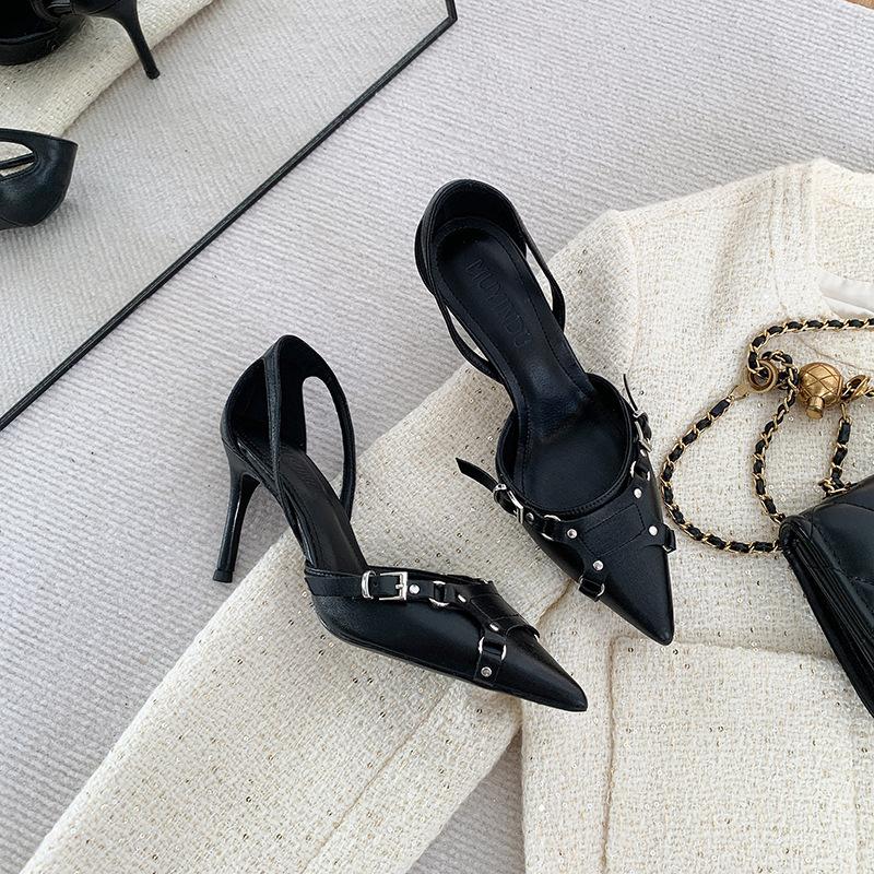 L120 High Heels Women's Design Sense 2025 Summer New Fashion Pointed Black Kitten Heel Large Size High Heel Single Shoes
