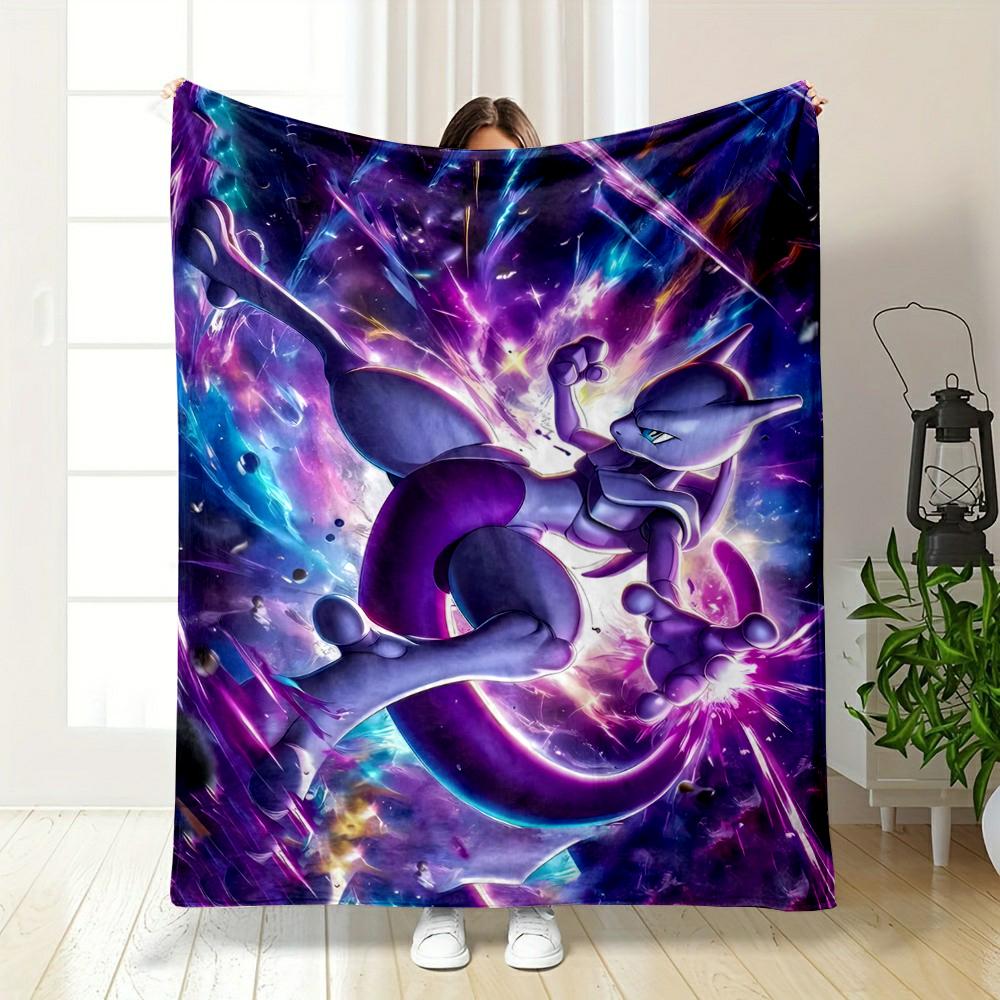 Mewtwo Purple Energy Cosmic Clash Battle Art Blanket Throw, Psychic Pokemon Storm Style Design, Cozy Fan Bedding and All Seasons Gift