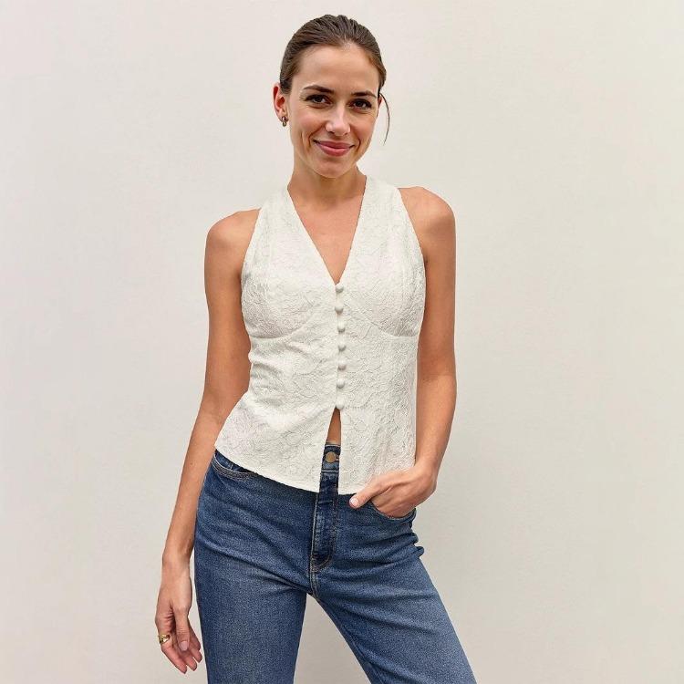 Slim Elegant Lace Edge V Neck Top Women Design Sensible Single Breasted Sleeveless S