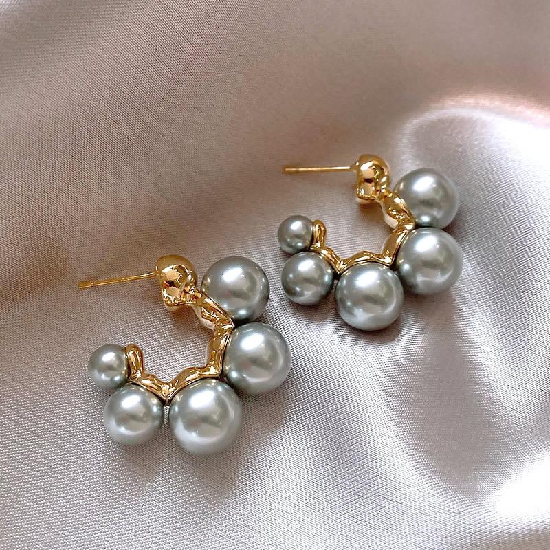 Silver Needle Geometric Pearl Ring Earrings French Premium Temperament Stud Earrings New Versatile Light Luxury Earrings Women