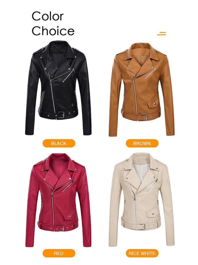 2022 Women's Short PU Leather Motorcycle Jacket - Spring/Autumn Fashion