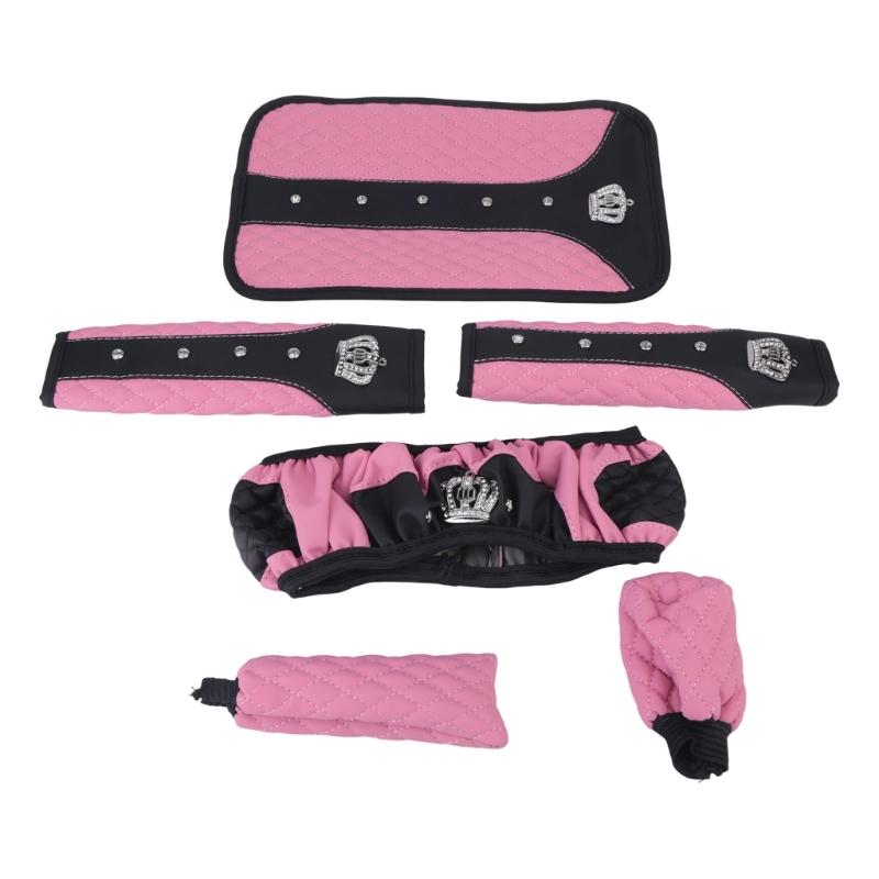 Leather Look Car Interior Accessory Kit with Quilted Wheel Cover, Armrest Pad, Belt Pads, Gear Handle and Handbrake Covers for Commuters