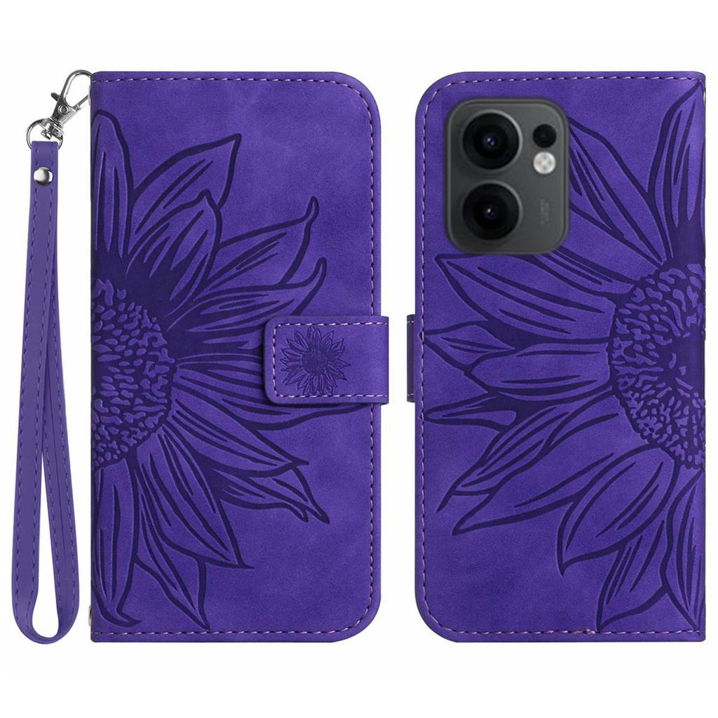 For Oppo Reno13 F 5G/4G Case Sunflower Imprint Leather Wallet Phone Cover with Wrist Strap