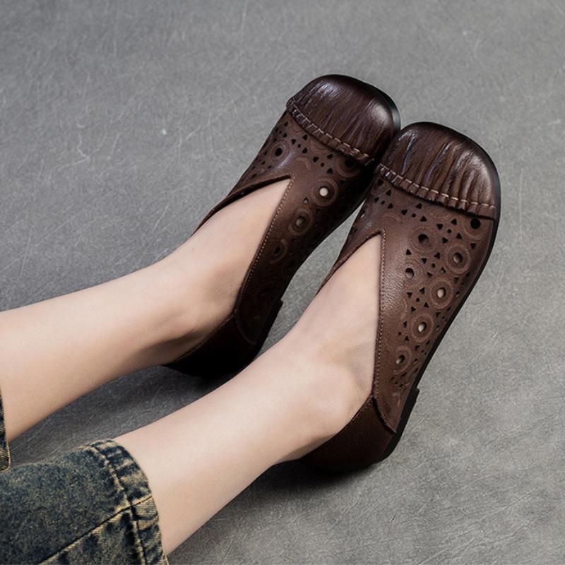Johnature Retro-Echtleder, ausgehöhlt, atmungsaktiv, flache Schuhe, runde Zehen, lässige Damen-Slip-on-Schuhe
