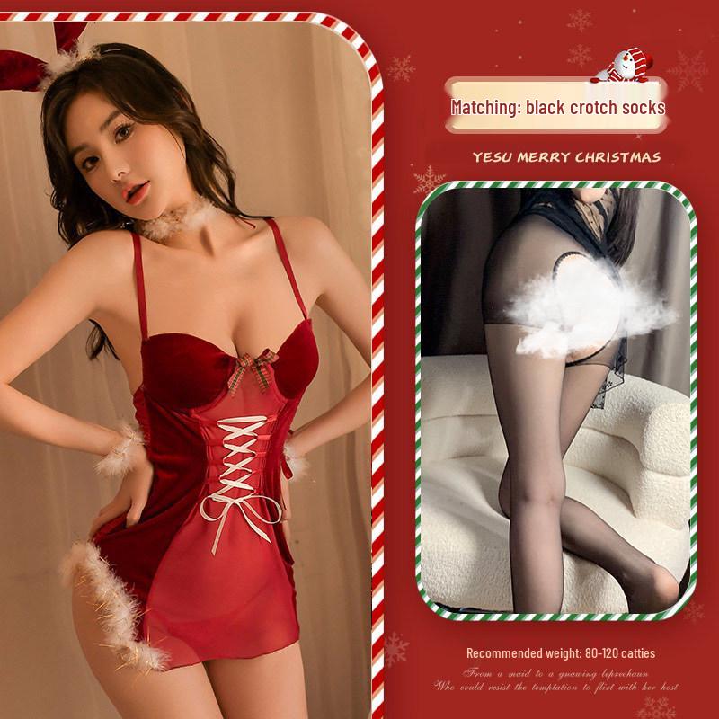 Seductive See-Through Halter Lingerie: Christmas New Year Plush Tie-Up Padded Set
