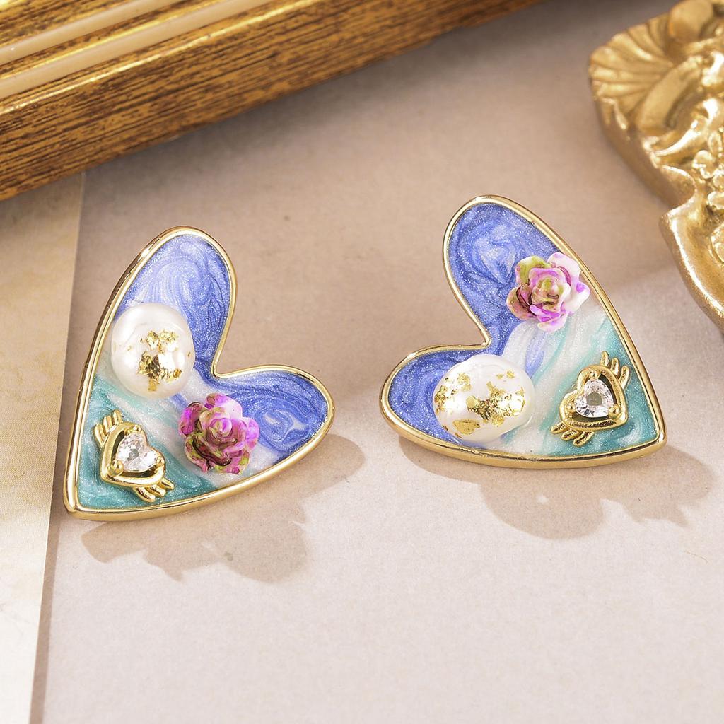 Monet Oil Painting Series Love Earrings Natural Pearl Flower Stud Earrings High Sense Personality Retro Fringed Earrings Women