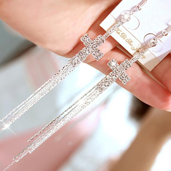 Women Rhinestone Bell Cross Pendant Wedding Party Long Tassels Linear Earrings