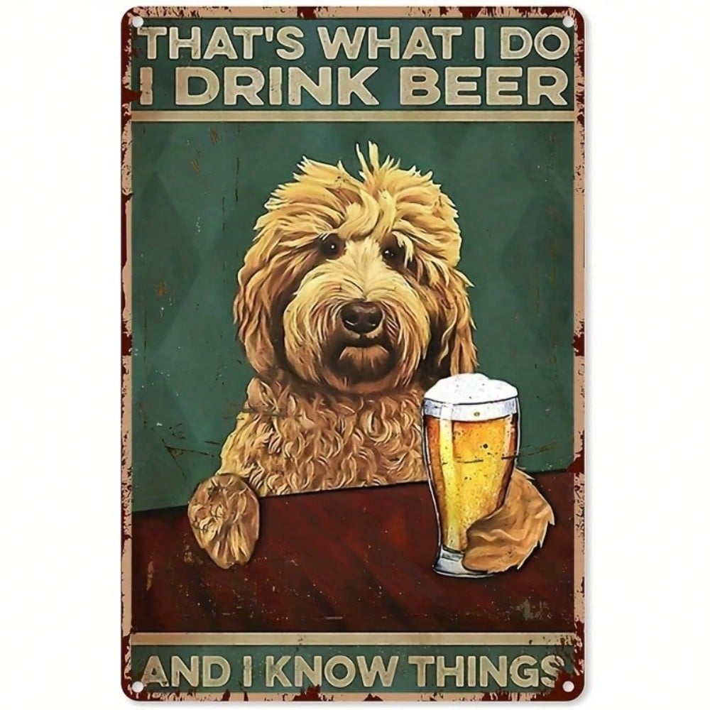 Funny Beer Drinking Golden Doodle Tin Metal Sign Man Cave Pub Garage Wall Decor Vintage Rustic
