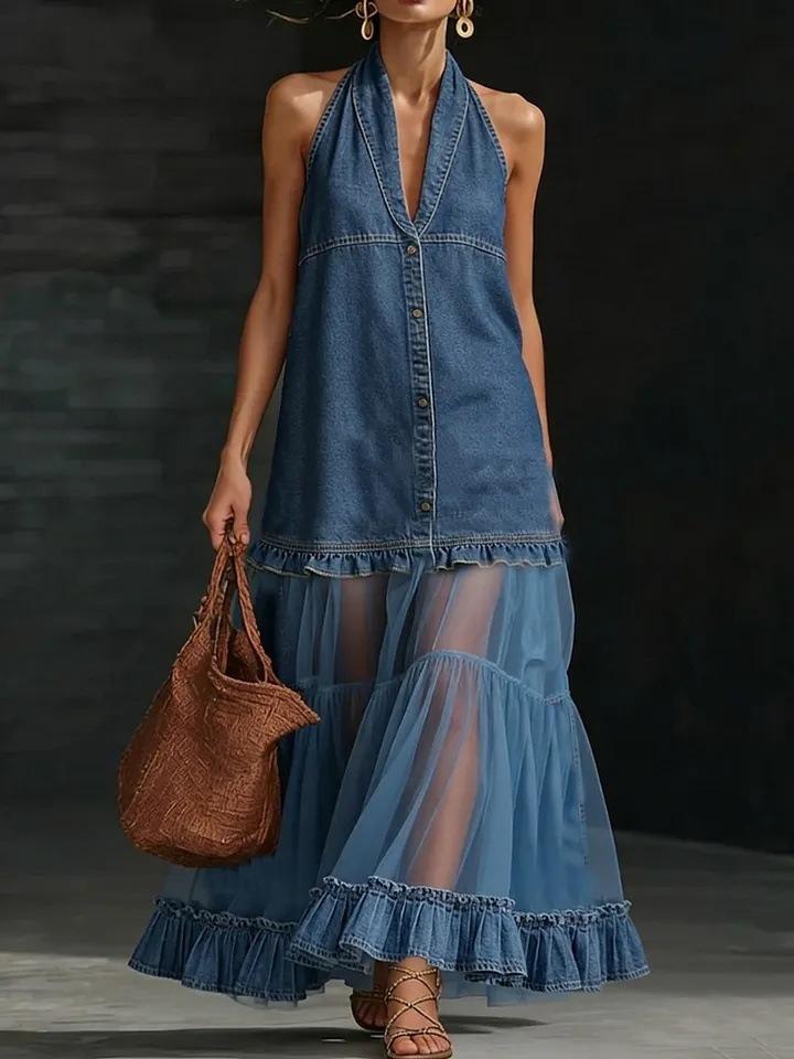 Women Halter Neck Denim Mesh Patchwork Maxi Dress Button Front Ruffle Hem Summer Dress
