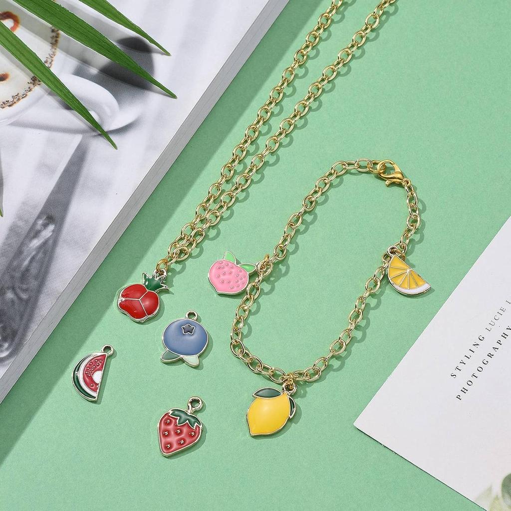 FASHEWELRY 40Pcs Alloy Fruit Theme Enamel Charms 10 Styles Cute Orange Peach Blueberry Strawberry Dangle Pendants Light Gold Plated for Jewelry
