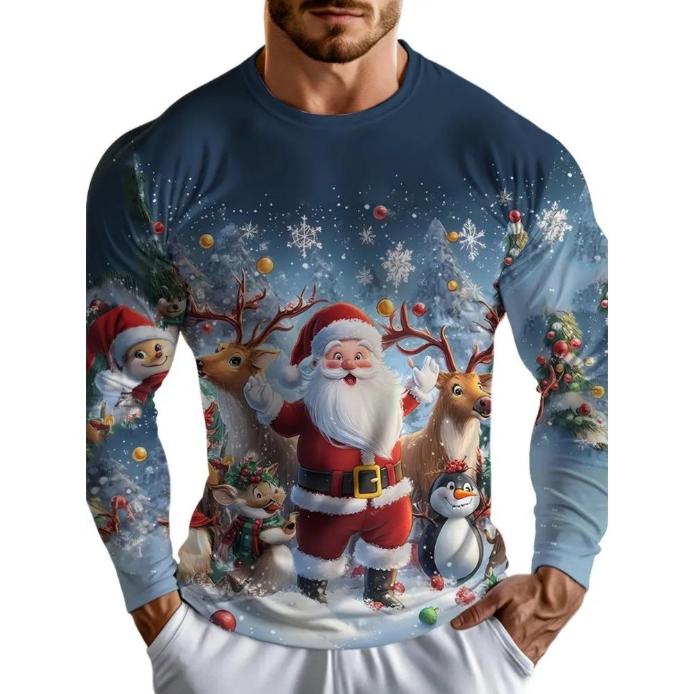 Merry Christmas Men's Long Sleeve T-Shirt, 3D Printed Santa Claus Pattern Casual Pullover, Fashionable Cool O-Neck Y2K Style Clothing