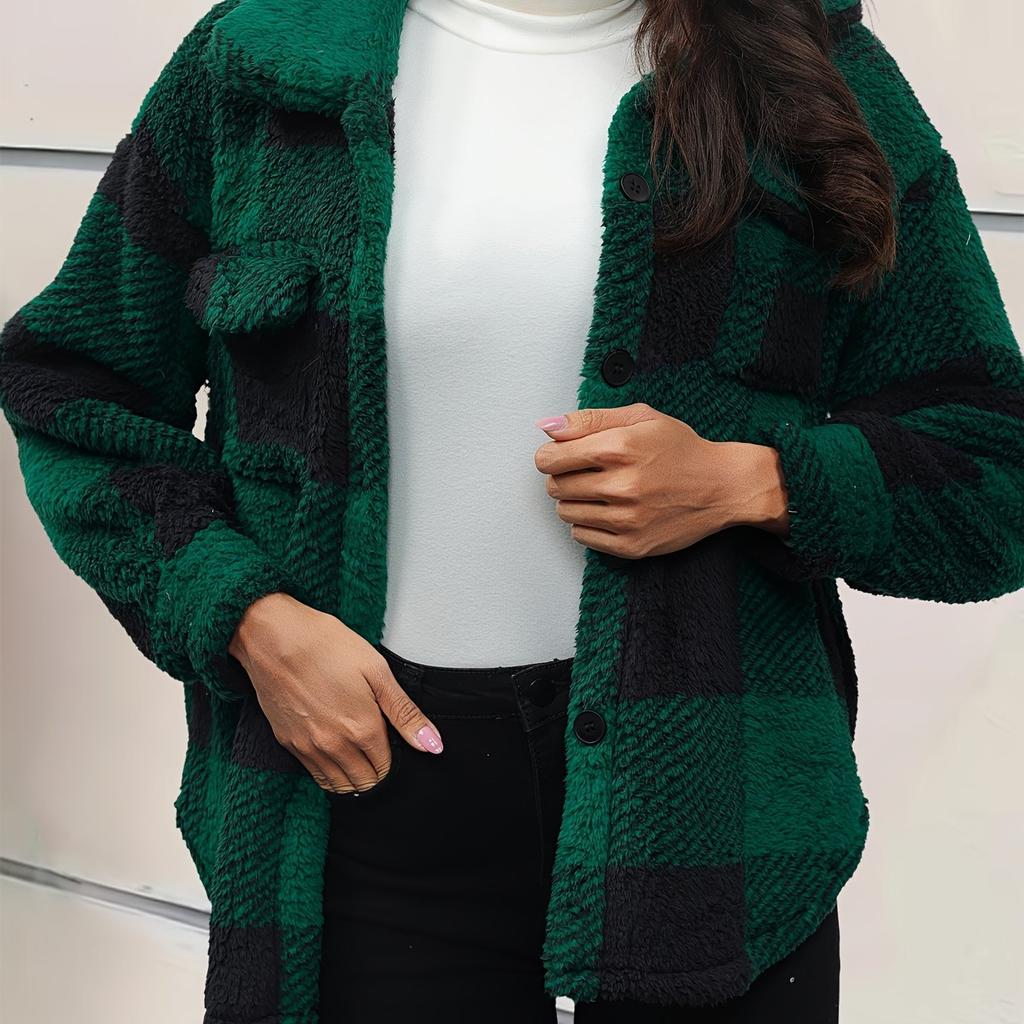 Women Autumn and Winter Open-button Lapel Plaid Coat Plaid Pattern Button Front Jacket Warm
