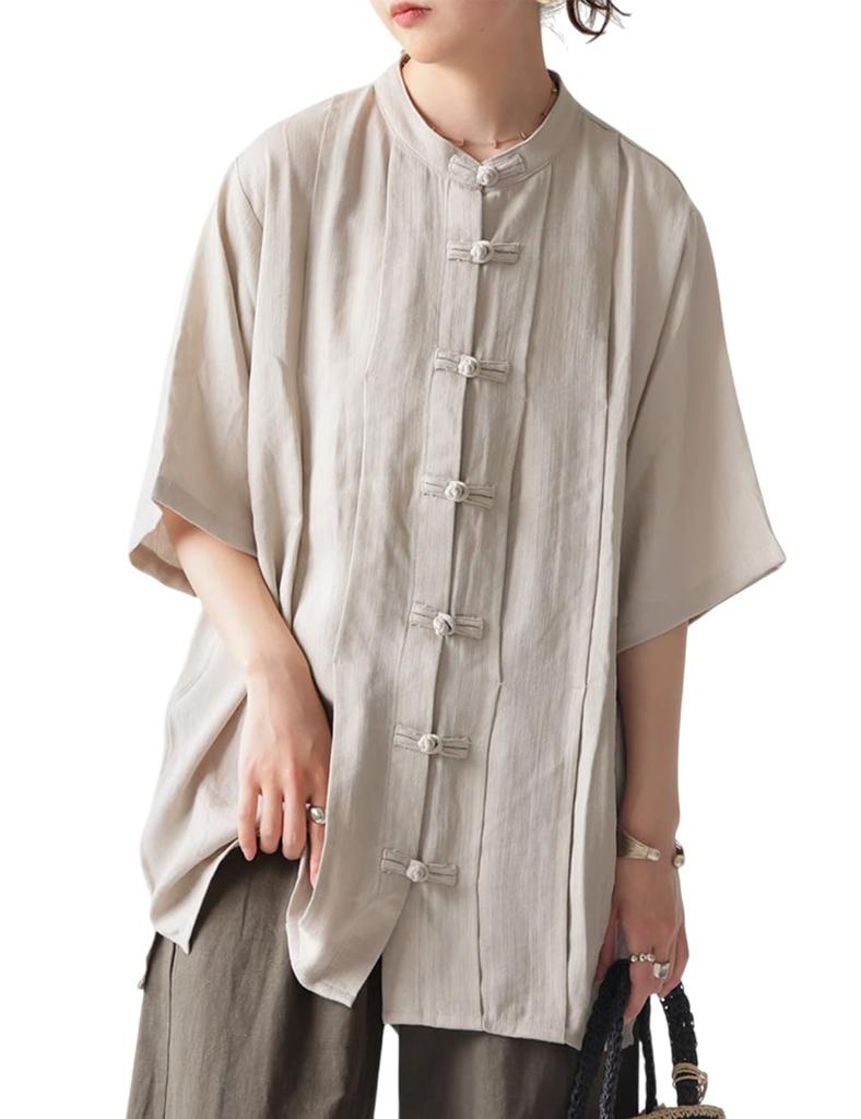 antiqua Short Sleeve Shirt with Chinese One Beige Women's Linen-Like Buttons, PK-01341, Size, 01,