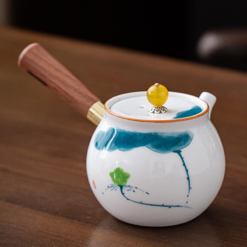 Hand-painted Mutton Fat Jade White Porcelain Teapot Single Pot Hand with Handle Side Handle Teapot Xishi Pot Kung Fu Tea Set Tea