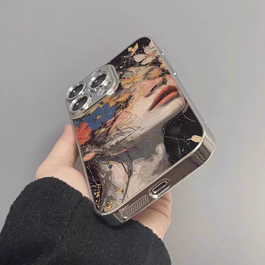 Oil Painting Girl Is Suitable for Apple 16promax Mobile Phone Case, New iPhone Electroplating Protective Case, New Model.