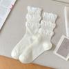 Girls Kawaii Ballet Socks Cream Color Bubble Ruffle Cuff Lace Trim Korean Sweet Style Stacked Sock Spring Fall Soft Cotton Sock