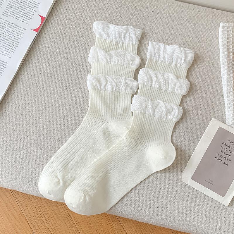 Girls Kawaii Ballet Socks Cream Color Bubble Ruffle Cuff Lace Trim Korean Sweet Style Stacked Sock Spring Fall Soft Cotton Sock