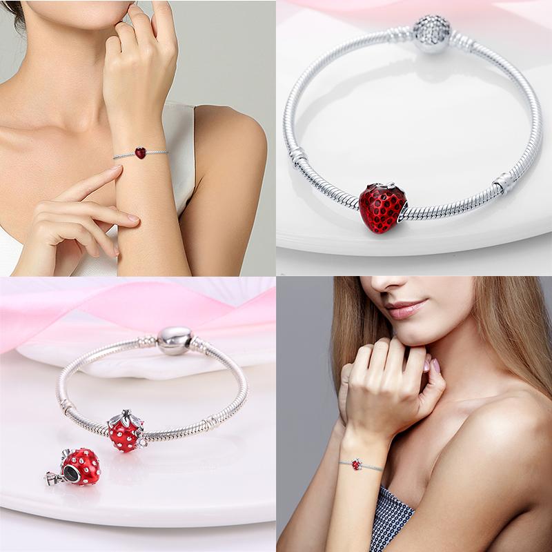 Fits Pan Braceletscopper Charms Color Strawberry Cherry Blueberries Fruit Sweet Original Diy Jewelry Birthday Fine Gifts