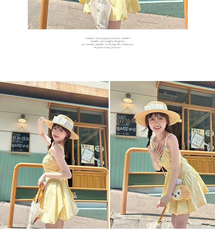 Dopamin Gelbes Gepunktetes Tulpenkleid: Kleiner, Süßer Urlaubsstil mit Taillenbetonendem Puffrock für Damen