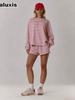 Fall Winter New Women's Set Loose Striped Fleece Warm Long Sleeve Shorts 2 Piece Outfit