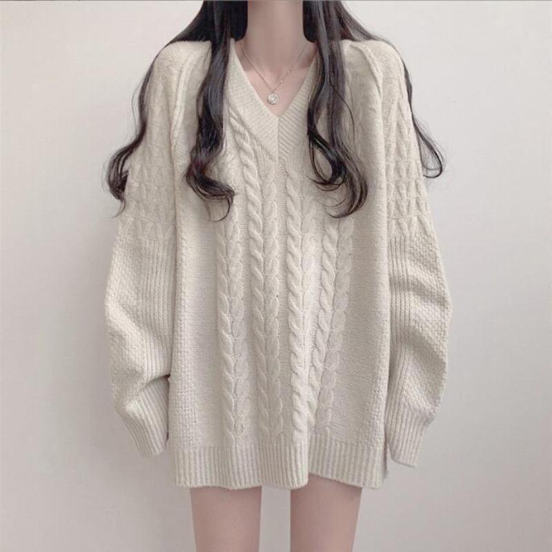 

Autumn and winter medium and long twist pullover women s retro solid color versatile knitted sweater one size fits all