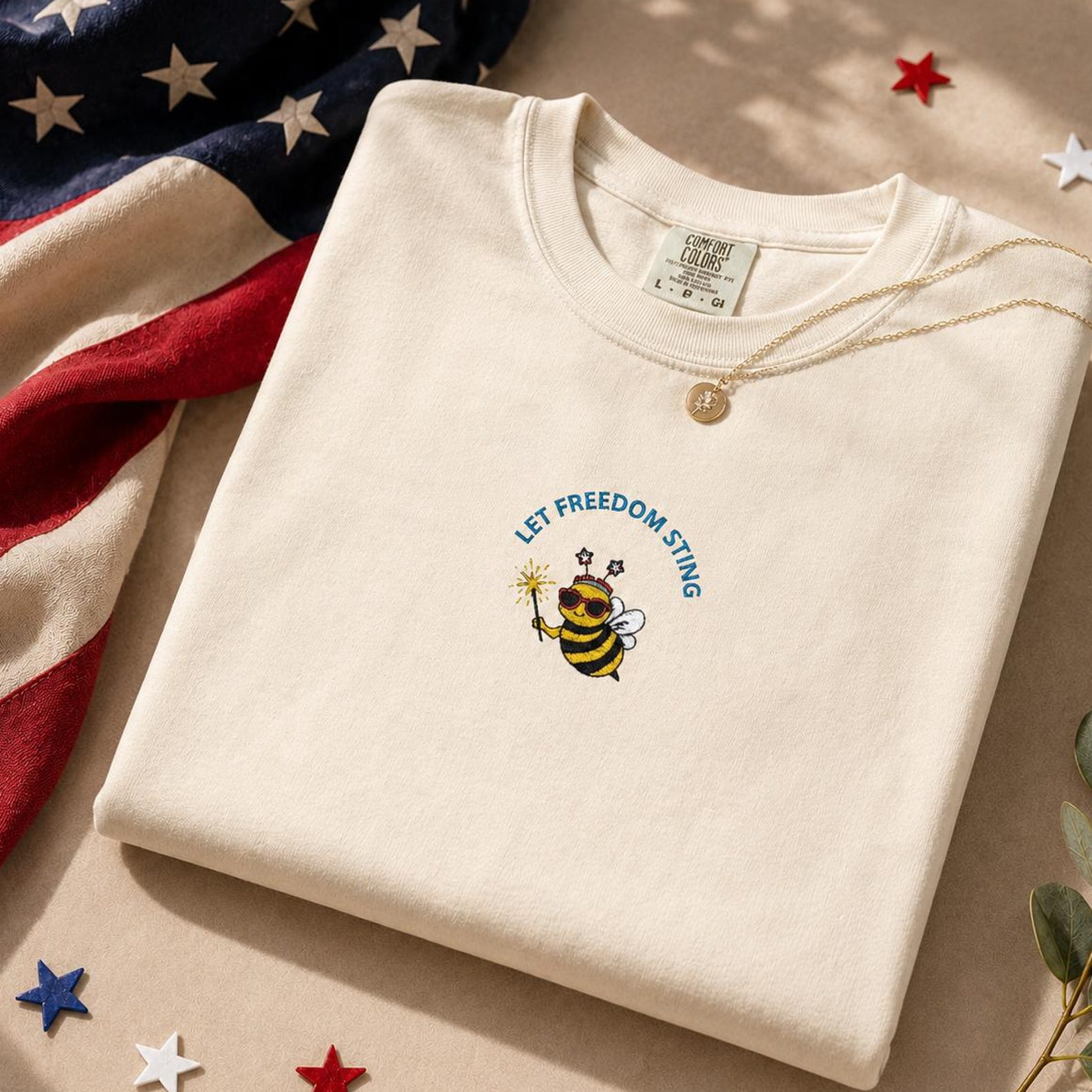 Let Freedom Sting Embroidered Shirt, Comfort Colors® Patriotic Bee 4th of July Tee, Funny USA Summer BBQ Fireworks Shirt M