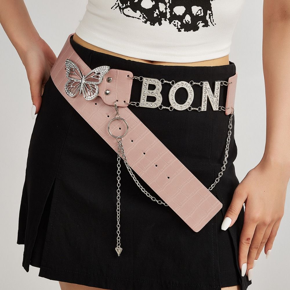 Y2K Rhinestone Belts PU Leather Waistband Simple Butterfly Waist Chain  Skirt Accessories