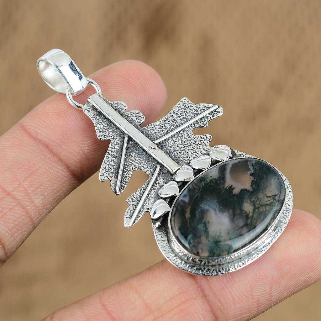 Birthday Gift For Her Natural Solar Moss Agate Gemstone Pendant 925 Silver