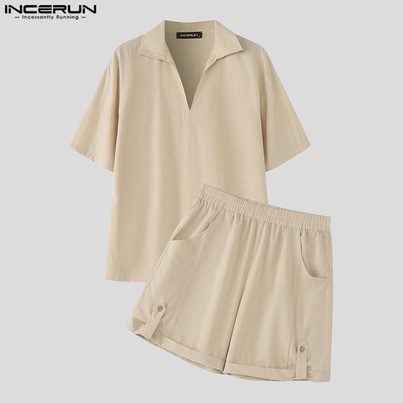 INCERUN Two Piece Suit Men V Neck Short Sleeve Shirts Shorts Casual Outfits Sets