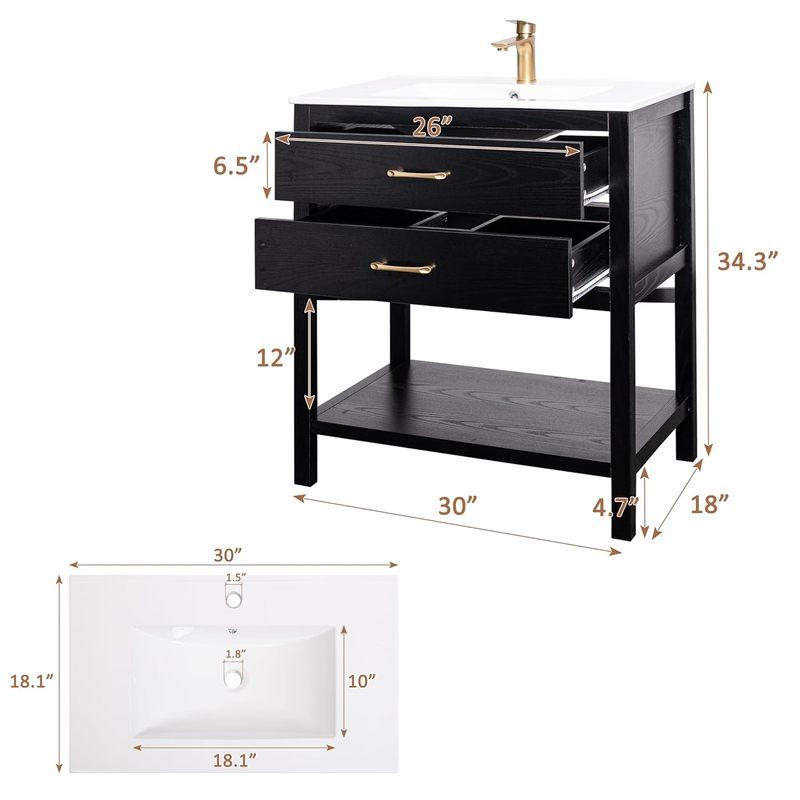 30" Bathroom Vanity with Sink, Farmhouse Freestanding Bathroom Cabinet with 2 Drawers & Open Shelf, Metal Handles,, Customized