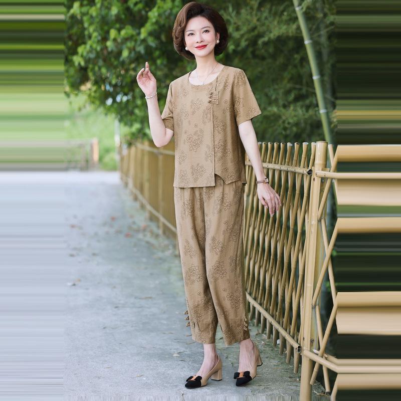 

Mom s Stylish Summer Cotton Linen Two-Piece Set: Loose Short-Sleeve T-shirt & Casual Pants for Middle-Aged and Elderly Women. 2XL (95-115 catty)