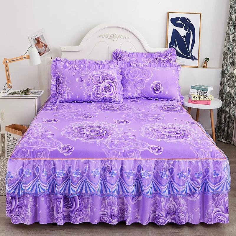 1PC Printed Bedding Set Lace Trim  Heightening Bed Skirt Pillowcase Set Anti-slip Mattress Cover Soft Comfortable Cotton Double