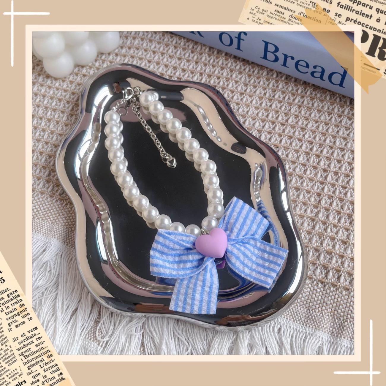 

Pet Pearl Necklace Adjustable Cat and Dog Collar Cross-border Contrast Bow Accessories Pet Neck Ornament S:26+5cm