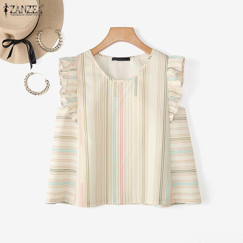 ZANZEA Women Summer Casual Round Neck Stripe Print Sleeveless Vest Tops