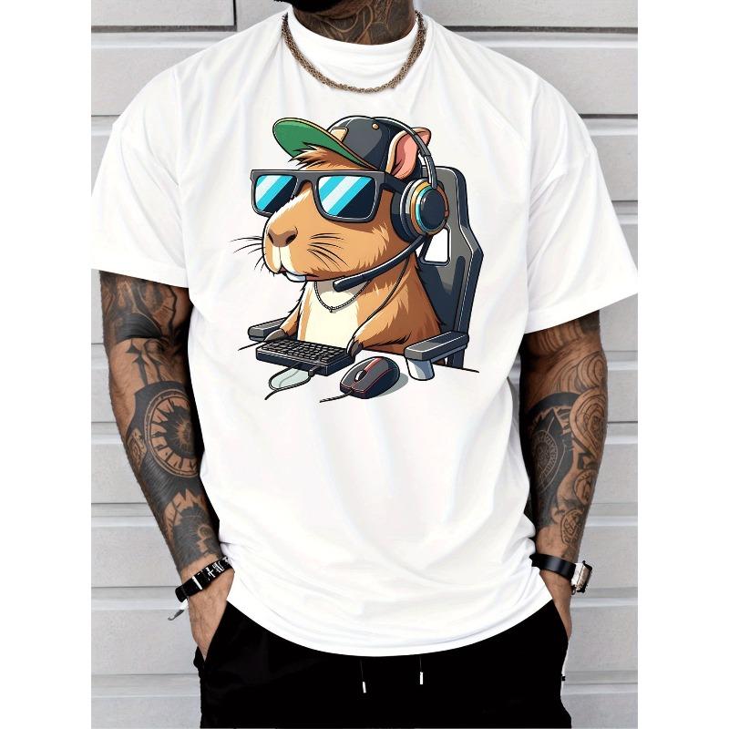 

Мужская игровая футболка с графикой морской свинки-геймера и дизайном клавиатуры/мыши - Дышащая короткорукавная футболка отводящая влагу для повседневной носки S белый