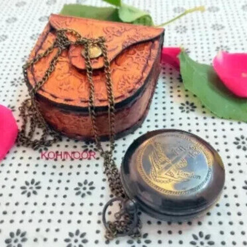 Vintage nautical Brass Lid Chain Compass With Leather Case Navigational Tool