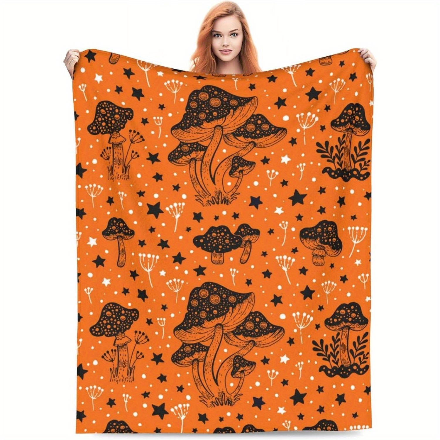 Throw Blanket, Soft Plush Flannel Blanket And Throw, 1pc Bohemian Forest Mushroom & Star All-season Cozy Bedspread, Orange 130x150cm51x59in